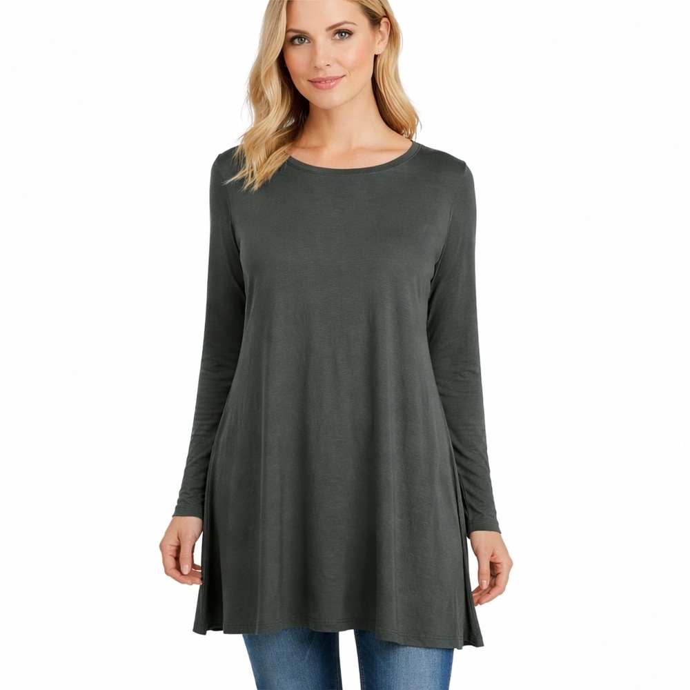 Eileen Fisher System Gray Long Tunic Top Fine Knit Tencel Semi Sheer Size M